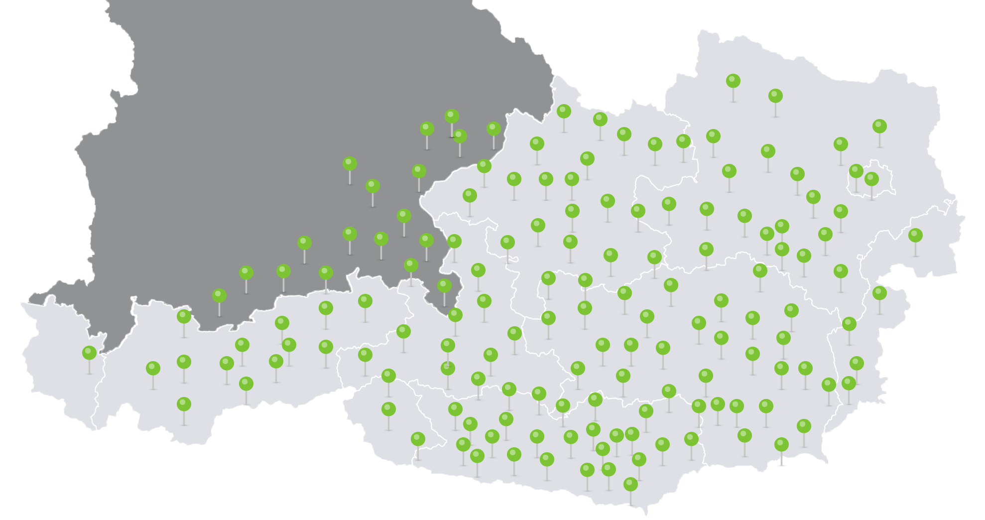 Landkarte mit Pins in Österreich und Bayern - Unsere Experten sind in verschiedenen Gebieten präsent, um unseren Kunden flächendeckend hochwertige Dienstleistungen anzubieten.